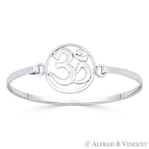 Om Aum Symbol Hindu Buddhist Sikh Charm Bangle Bracelet in .925 Sterling Silver